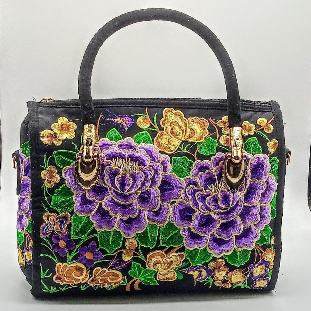 Purple Green Gold Floral Embroidered Satchel Bag - Picture 2 of 7